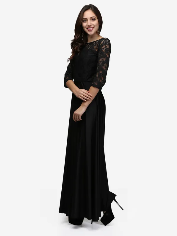 Black_Lace_And_Lycra_Fabric_3/4_Sleeves_Stretchable_Long_Western_Gown_Dress