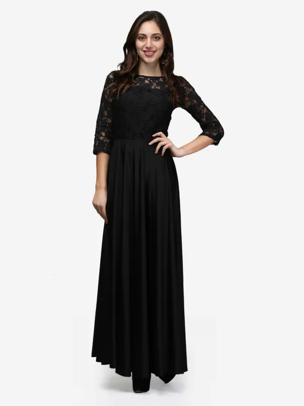 Black_Lace_And_Lycra_Fabric_3/4_Sleeves_Stretchable_Long_Western_Gown_Dress