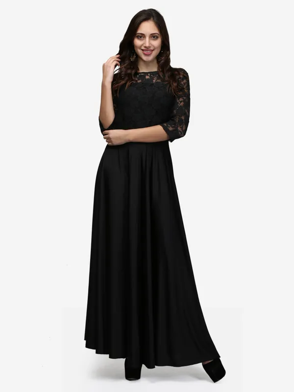 Black_Lace_And_Lycra_Fabric_3/4_Sleeves_Stretchable_Long_Western_Gown_Dress