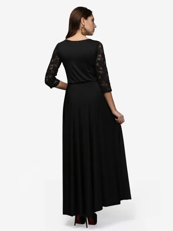 Black_Lace_And_Lycra_Fabric_3/4_Sleeves_Stretchable_Long_Western_Gown_Dress