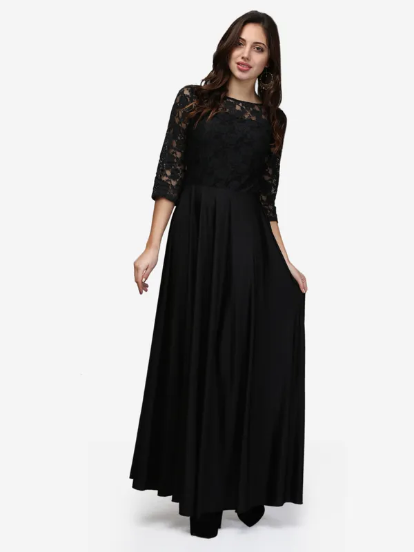 Black_Lace_And_Lycra_Fabric_3/4_Sleeves_Stretchable_Long_Western_Gown_Dress