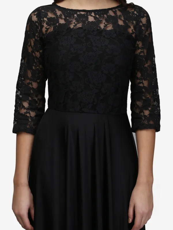 Black_Lace_And_Lycra_Fabric_3/4_Sleeves_Stretchable_Long_Western_Gown_Dress