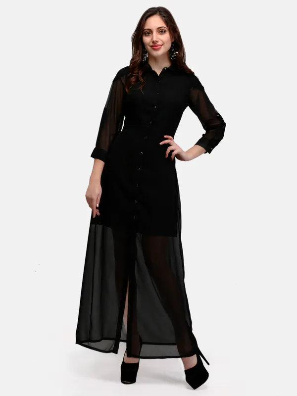 Black_Solid_Georgette_Button_Up_3/4_Sleeves_Summer_Shirt_Long_Maxi_Dress