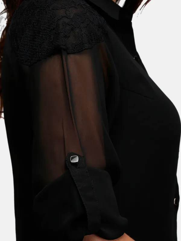 Black_Solid_Georgette_Button_Up_3/4_Sleeves_Summer_Shirt_Long_Maxi_Dress