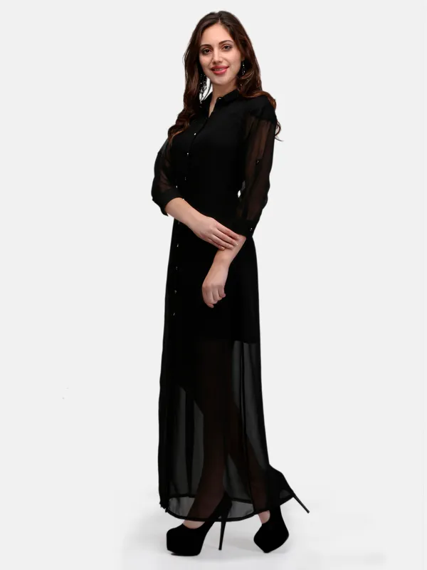 Black_Solid_Georgette_Button_Up_3/4_Sleeves_Summer_Shirt_Long_Maxi_Dress