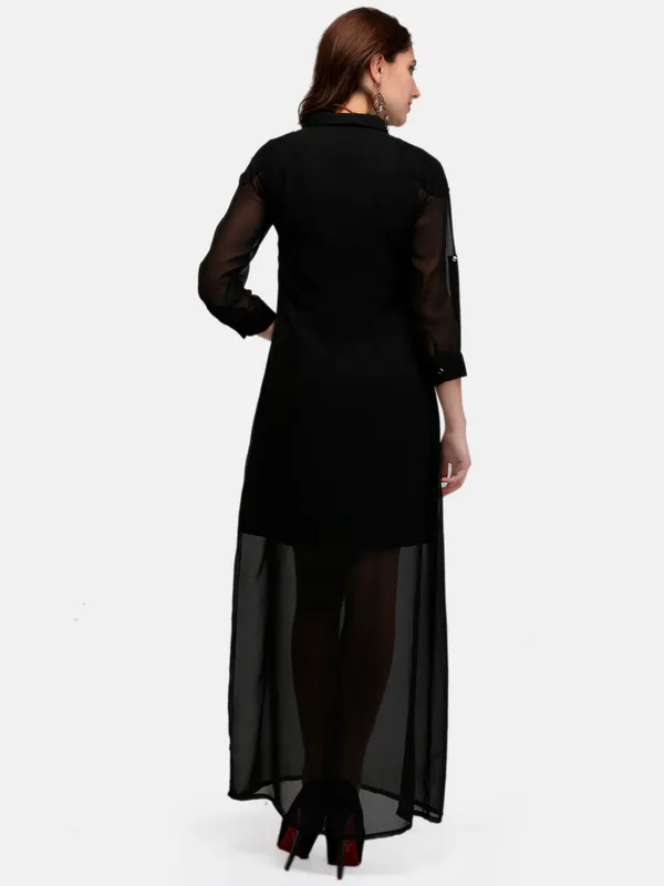 Black_Solid_Georgette_Button_Up_3/4_Sleeves_Summer_Shirt_Long_Maxi_Dress