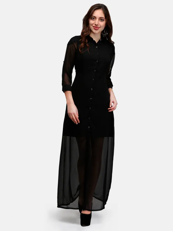 Black_Solid_Georgette_Button_Up_3/4_Sleeves_Summer_Shirt_Long_Maxi_Dress