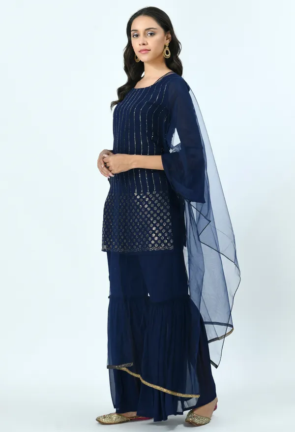 Blue_Embroidered_Mukaish_Kurta_With_Sharara_&_Dupatta