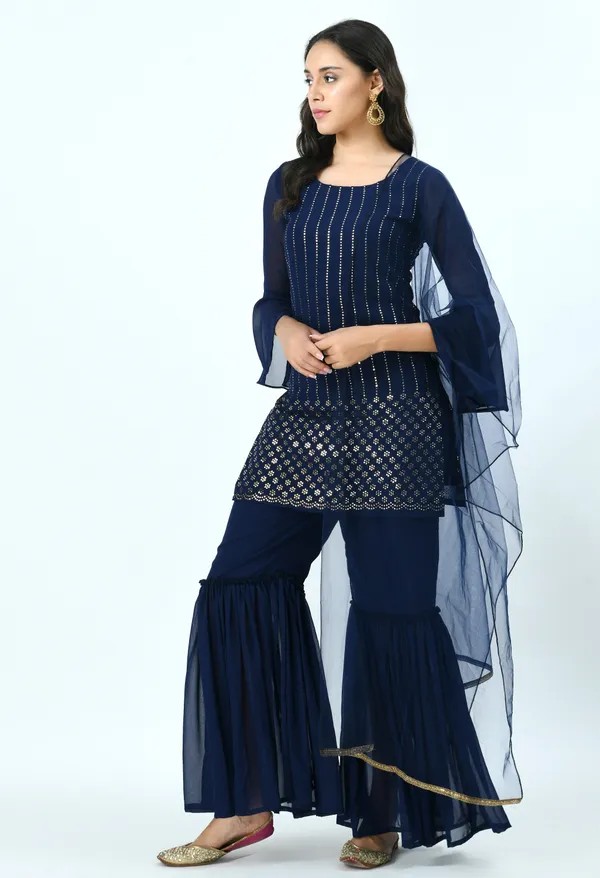 Blue_Embroidered_Mukaish_Kurta_With_Sharara_&_Dupatta