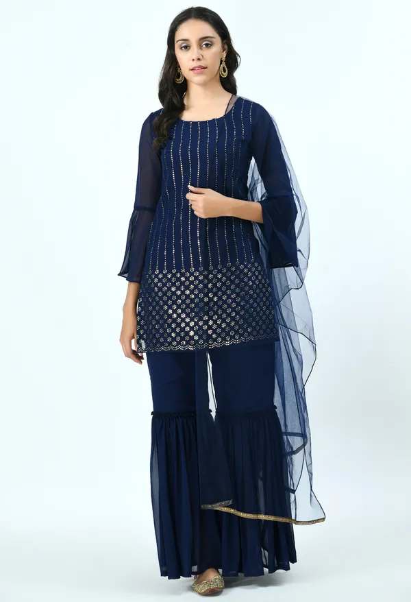 Blue_Embroidered_Mukaish_Kurta_With_Sharara_&_Dupatta
