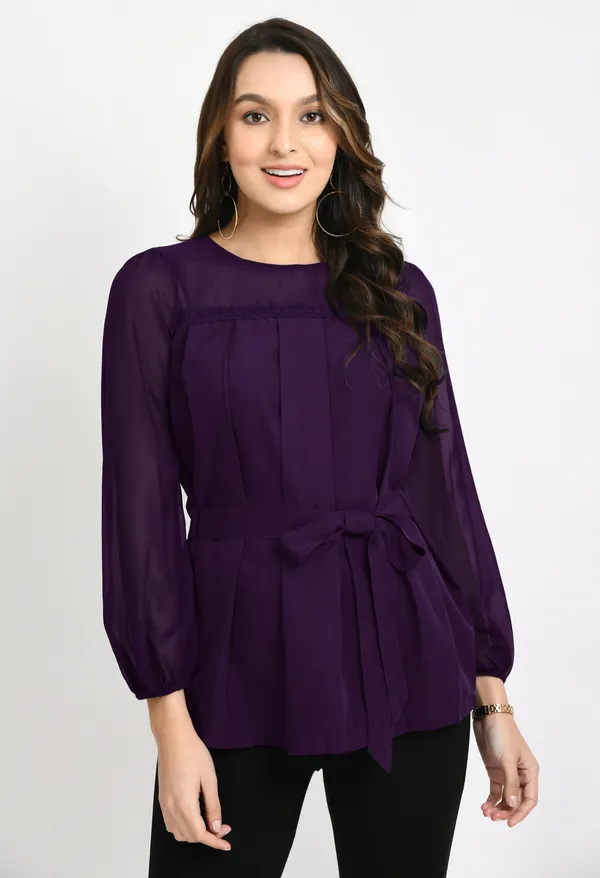 V&M_Purple_Pleated_waist_Tie-up_Top_For_Women