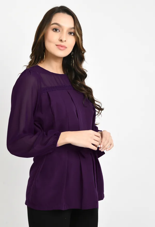 V&M_Purple_Pleated_waist_Tie-up_Top_For_Women