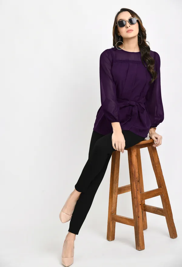 V&M_Purple_Pleated_waist_Tie-up_Top_For_Women