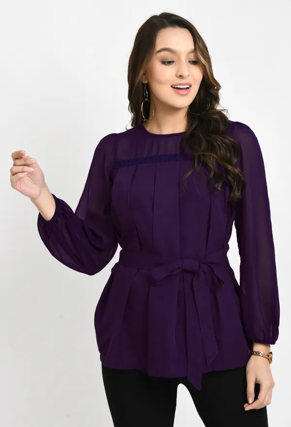 V&M_Purple_Pleated_waist_Tie-up_Top_For_Women
