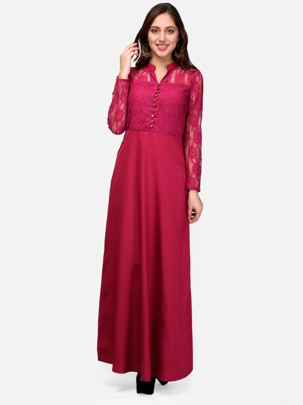 Pink_Lace_Empire_Waist_Front_Button_Design_A-Line_Long_Indo_Westen_Dress_For_Women