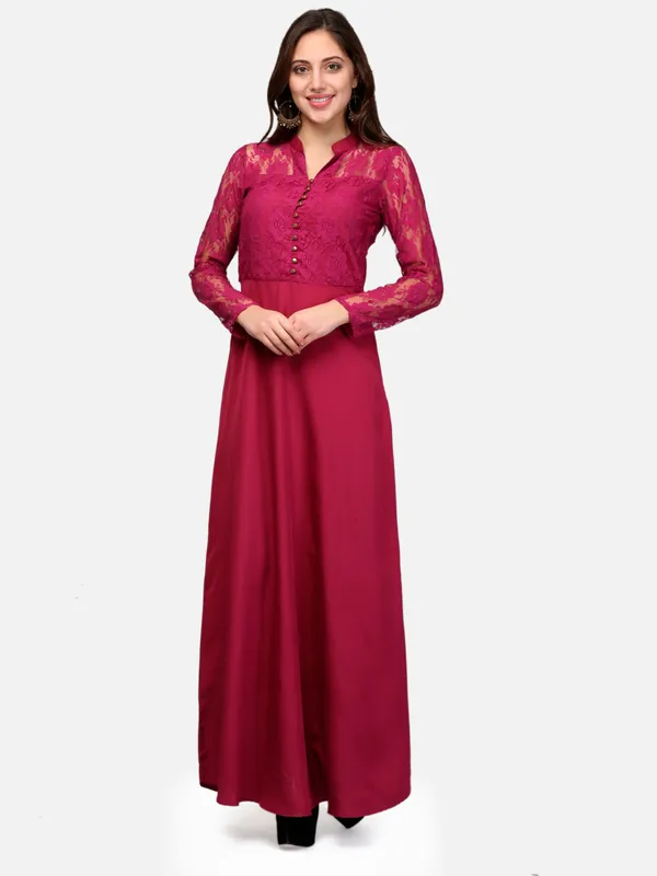 Pink_Lace_Empire_Waist_Front_Button_Design_A-Line_Long_Indo_Westen_Dress_For_Women