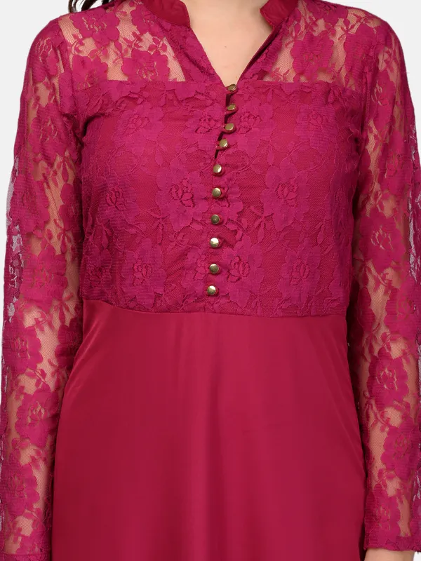 Pink_Lace_Empire_Waist_Front_Button_Design_A-Line_Long_Indo_Westen_Dress_For_Women