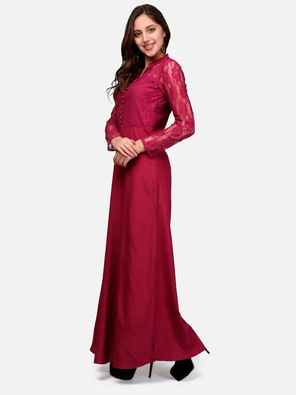 Pink_Lace_Empire_Waist_Front_Button_Design_A-Line_Long_Indo_Westen_Dress_For_Women