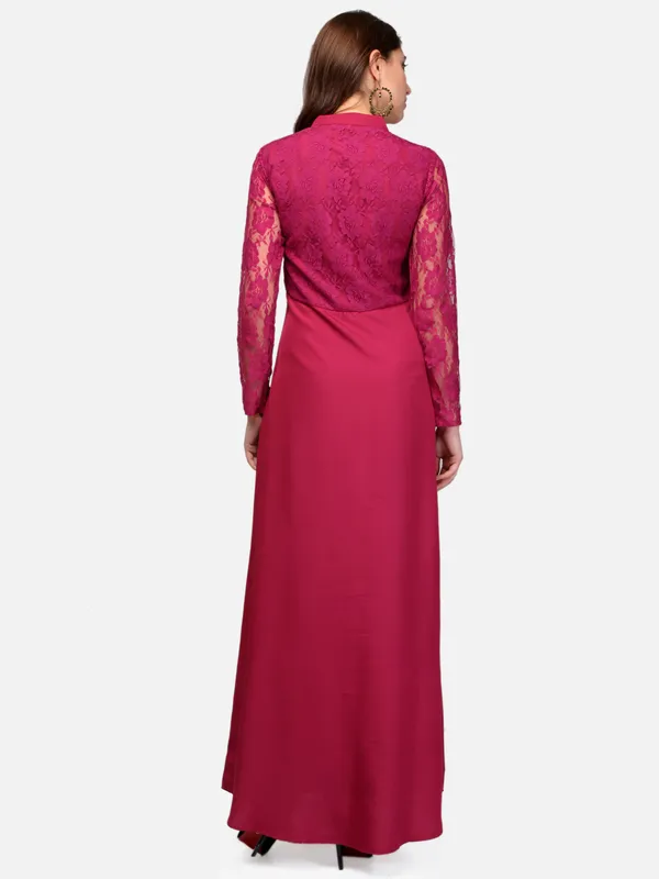 Pink_Lace_Empire_Waist_Front_Button_Design_A-Line_Long_Indo_Westen_Dress_For_Women