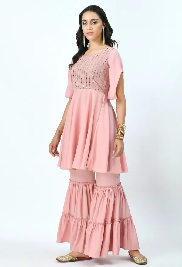 Peach_Embroidered_Sequinned_Kurti_With_Sharara