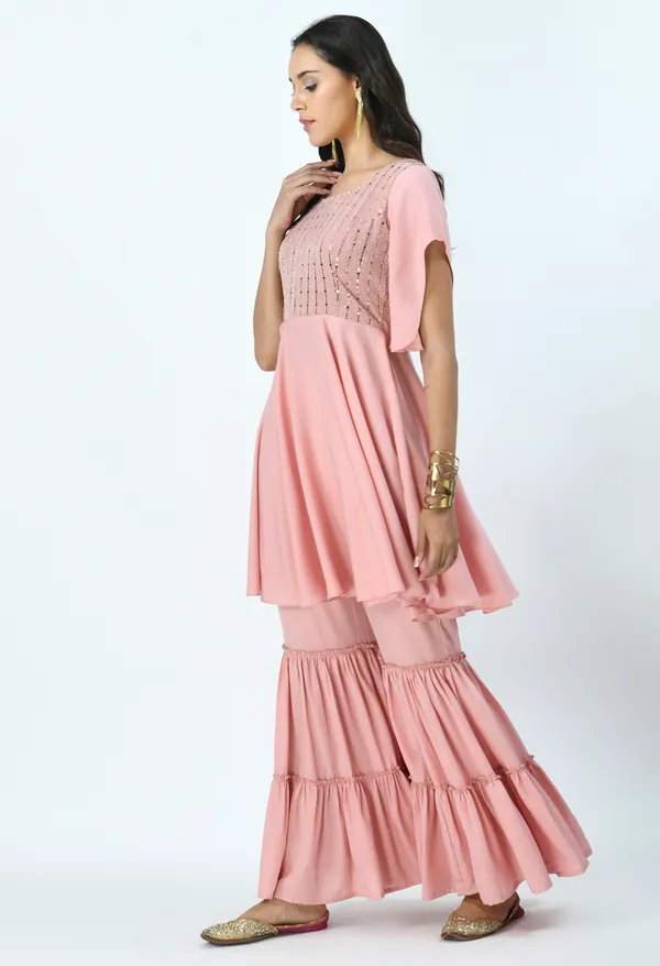 Peach_Embroidered_Sequinned_Kurti_With_Sharara