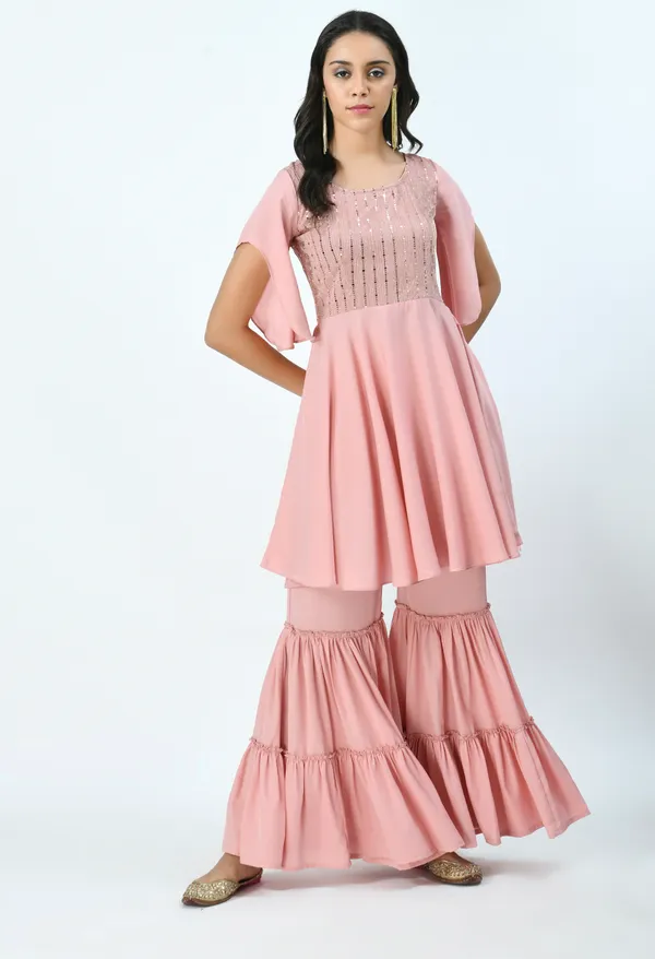 Peach_Embroidered_Sequinned_Kurti_With_Sharara