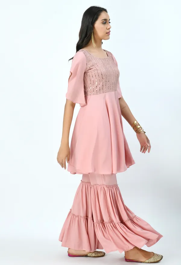 Peach_Embroidered_Sequinned_Kurti_With_Sharara