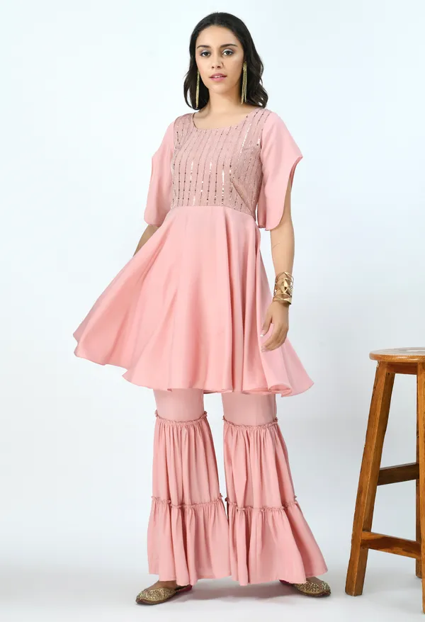 Peach_Embroidered_Sequinned_Kurti_With_Sharara