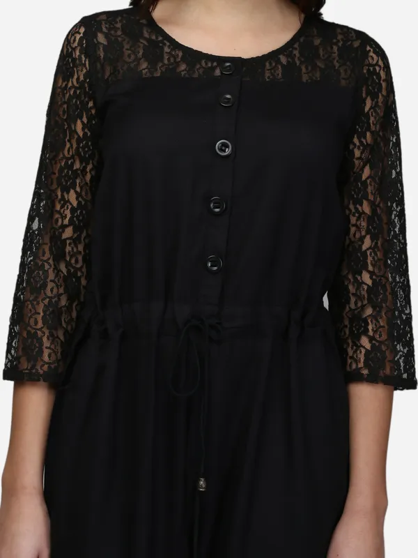 Black_Rayon_3/4_Sleeves_Comfortable_Front_Open_Jumpsuit