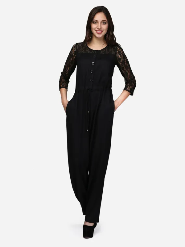 Black_Rayon_3/4_Sleeves_Comfortable_Front_Open_Jumpsuit