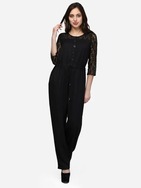 Black_Rayon_3/4_Sleeves_Comfortable_Front_Open_Jumpsuit