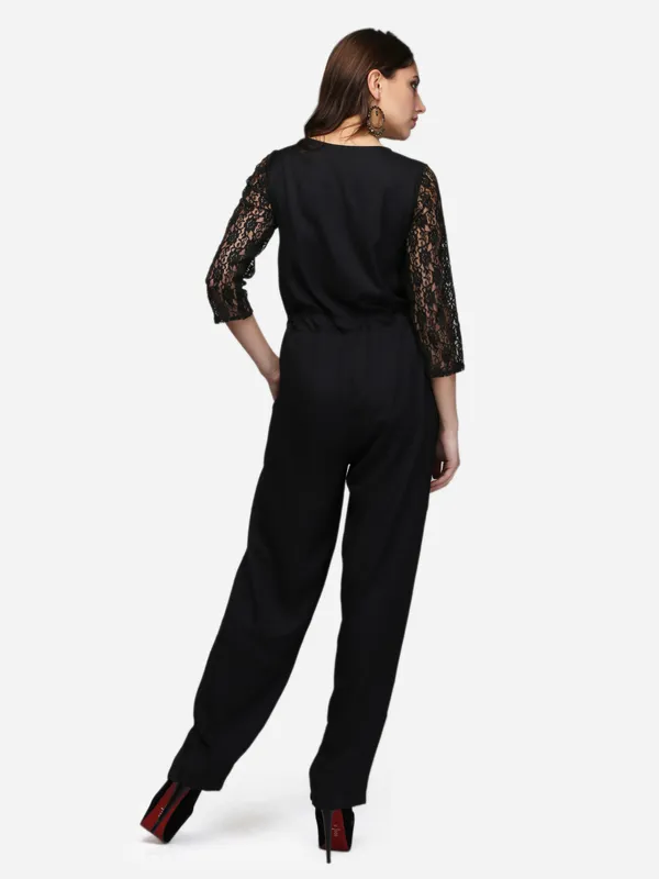 Black_Rayon_3/4_Sleeves_Comfortable_Front_Open_Jumpsuit