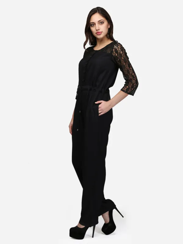 Black_Rayon_3/4_Sleeves_Comfortable_Front_Open_Jumpsuit