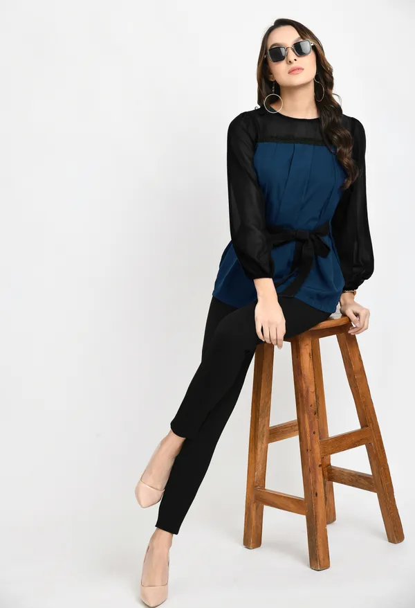 V&M_Teal_-_Black_Colorblock_Pleated_waist_Tie-up_Top_For_Women