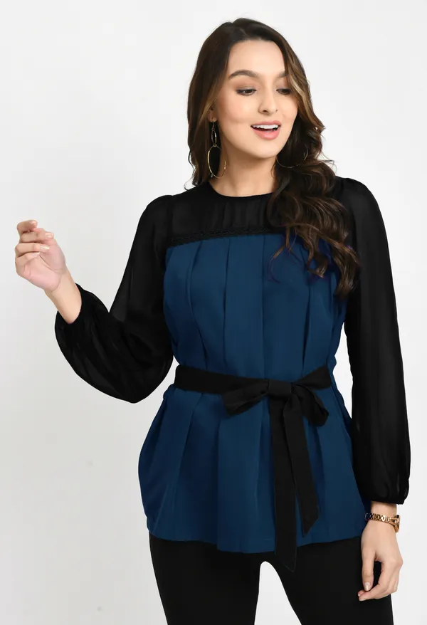 V&M_Teal_-_Black_Colorblock_Pleated_waist_Tie-up_Top_For_Women