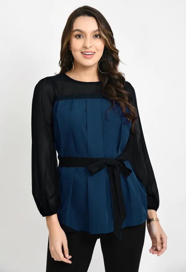 V&M_Teal_-_Black_Colorblock_Pleated_waist_Tie-up_Top_For_Women