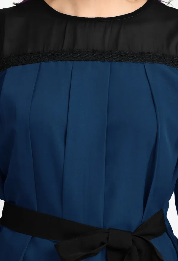 V&M_Teal_-_Black_Colorblock_Pleated_waist_Tie-up_Top_For_Women