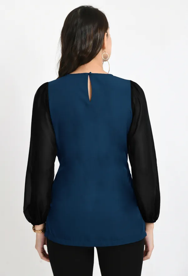 V&M_Teal_-_Black_Colorblock_Pleated_waist_Tie-up_Top_For_Women