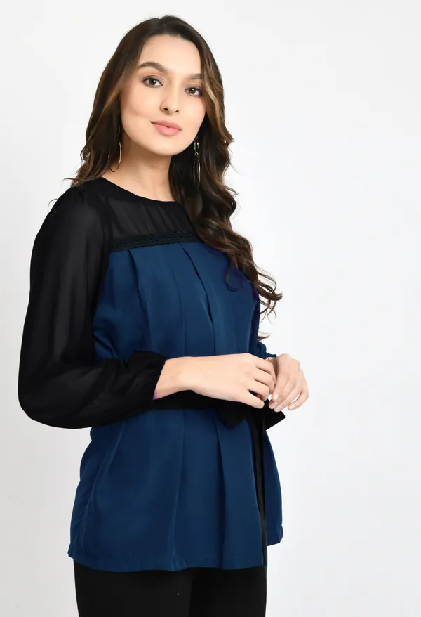 V&M_Teal_-_Black_Colorblock_Pleated_waist_Tie-up_Top_For_Women