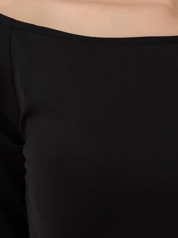 Black_Plain_One_Shoulder_3/4_Sleeves_Peplum_Hem_Party_Wear_Dress_For_Women