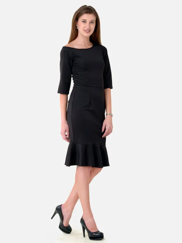 Black_Plain_One_Shoulder_3/4_Sleeves_Peplum_Hem_Party_Wear_Dress_For_Women