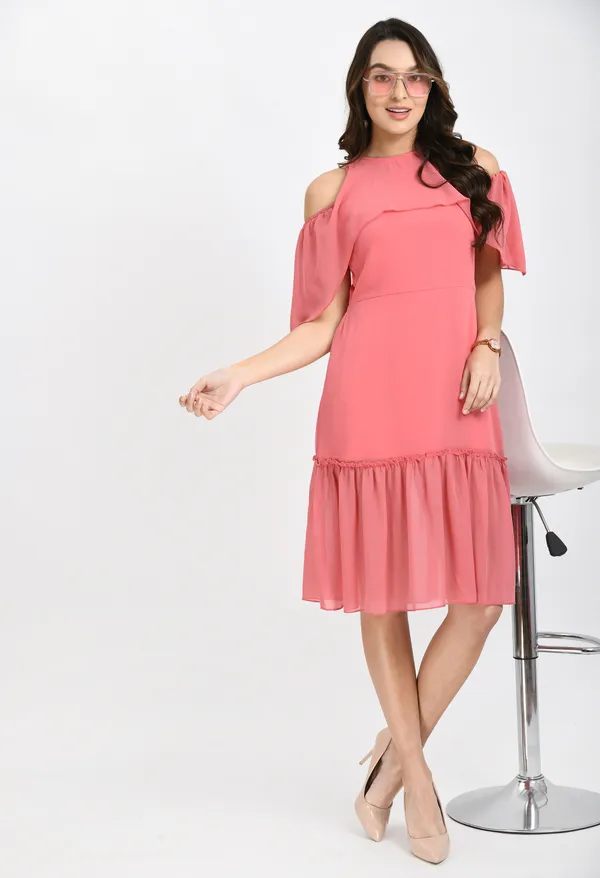 Pink_Georgette_Cold-Shoulder_A-Line_Dress