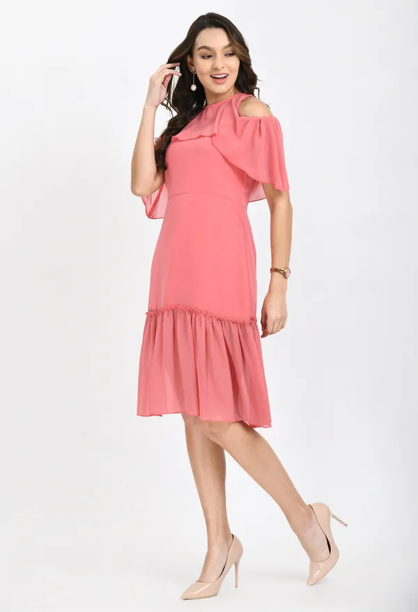 Pink_Georgette_Cold-Shoulder_A-Line_Dress