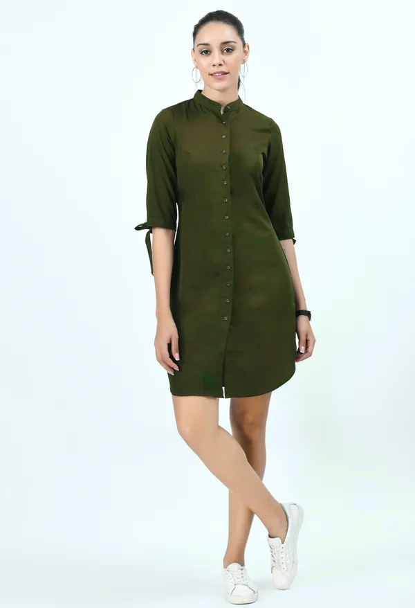 V&M_Olive_Green_Front_Open_Shirt_Dress_For_Women