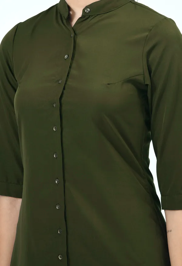 V&M_Olive_Green_Front_Open_Shirt_Dress_For_Women