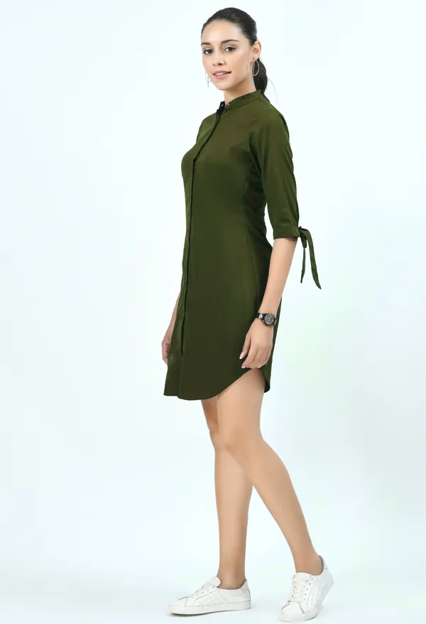 V&M_Olive_Green_Front_Open_Shirt_Dress_For_Women