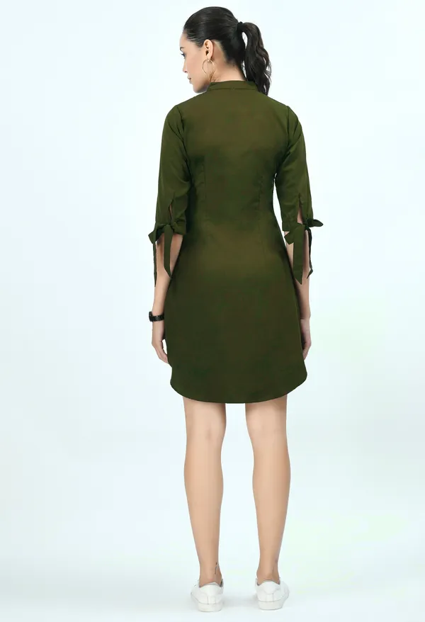 V&M_Olive_Green_Front_Open_Shirt_Dress_For_Women