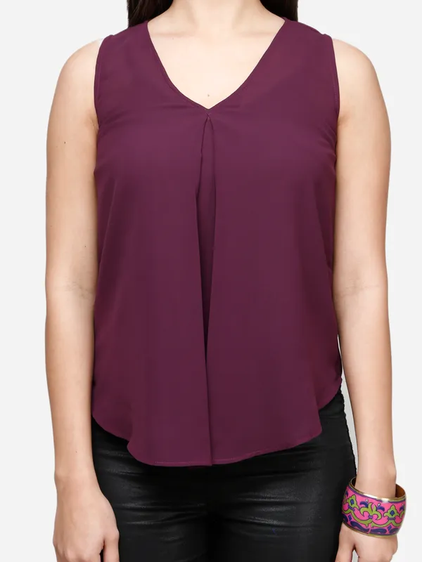 Purple_Plain_Basic_Flowy_V-Neck_Pleated_Sleeveless_Summer_Basic_Tank_Top