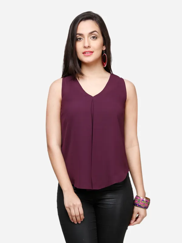 Purple_Plain_Basic_Flowy_V-Neck_Pleated_Sleeveless_Summer_Basic_Tank_Top