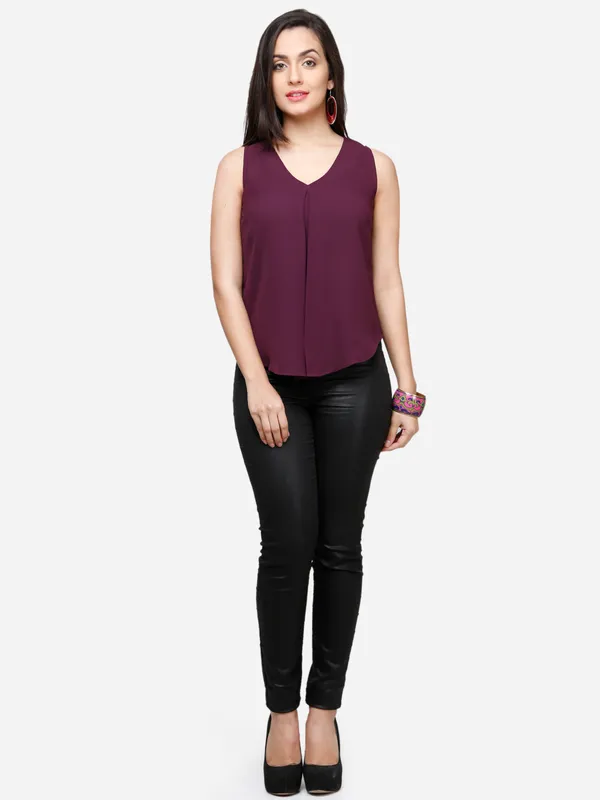 Purple_Plain_Basic_Flowy_V-Neck_Pleated_Sleeveless_Summer_Basic_Tank_Top